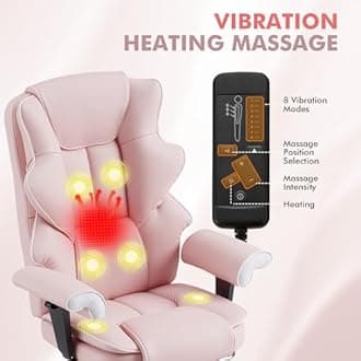 HOMREST 6-Point Massage Executive Chair,Heat Office Chair,Ergonomic Home Office Desk Chairs with Retractable Footrest and Reclining Function,Leather Computer Chair with Adjustable Armrest(‌Pink)