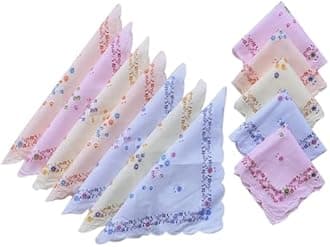 DIKHAWA 100% Cotton Women's Cut Work Border Light Colored Floral Handkerchiefs/Soft Cotton Hankies for Girls (30CM X 30CM)