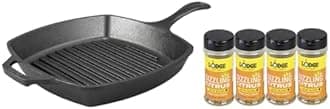Bundle of Lodge 10.5 Inch Cast Iron Pre-Seasoned Square Grill Pan + Lodge Sear Blend 5.3 oz (4 Pack) – Sizzling Citrus
