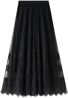 Sigdio Women Midi Skirt Elastic High Waist Lace Tulle Skirt Pleated Skirt