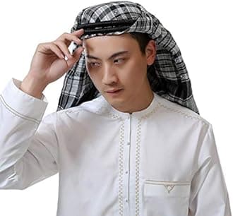 Adult Men Arab Head Scarf Keffiyeh Middle East Desert Shemagh Wrap Muslim Headwear Arabian Costume Accessories (Black Plaid)