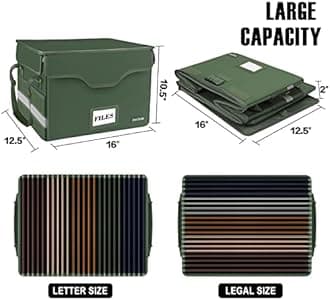 DocSafe Fireproof Document Box with Lock,File Storage Organizer with Mesh Pockets＆Lid,Collapsible Portable File Box Home Office Safe Filing Cabinet with Handle for Hanging Letter/Legal Folder,Green