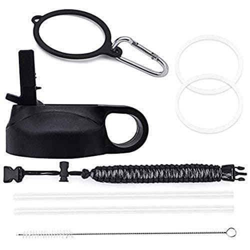 WINFOR Straw Lid Cover Cap Accessories Kit Set Compatible for Hydro Flask Wide Mouth Sport Bottle 12oz to 64oz with Paracord Handle /2 Straw/ 1 Brushes/Alloy Carabiner/Safety Ring,BPA Free (Black)