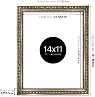 Almost Frameless 14x11 Gunmetal Ornate Picture Frame 14"x11"(35.6x27.9cm) Poster, Photo, Artwork, or Print. Shabby Chic Style Portrait and Landscape Display with Wall Hooks