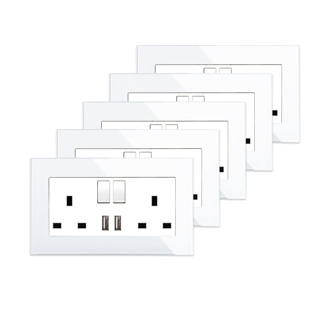 CNBINGO 5 Pack Glass Double Switched Socket with 2 USB-A Charging Ports (Output 2.1A), White Crystal Glass Panel Wall Outlet, 2 Gang 13 Amp Electric Power Socket