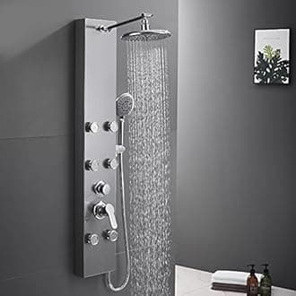 ROVATE Shower Panel Tower System 304 Stainless Steel, Shower Panel System with Adjustable Rainfall Shower Head, 6 Body Massage Jets and 5 Functions Handheld, Brushed Surface