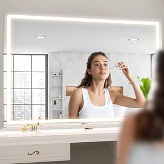 Hasipu Vanity Mirror with Lights, 55.1" x 36" LED Makeup Mirror, Lighted Makeup Mirror with Dimmable 3 Modes, Touch Screen Control Vanity Mirror Round White
