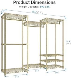 VIPEK V5 ポータブルクローゼットワードローブ 高耐久 衣類ラック 自立式 金属製衣類ラック カスタムクローゼットラック 調節可能な棚8個付き 長さ69インチ x 幅15.7インチ 高さ76.4インチ 最大荷重900ポンド ゴールド