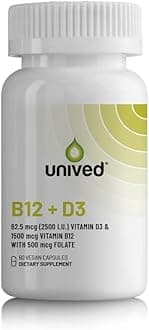 Unived Vegan B12 + D3, B12 (1500mcg Methylcobalamin), D3 (2500IU, Lichen), B9 (500mcg 5-MTHF) & Moringa, Immune Bone & Heart, Energy & Metabolism, 60c