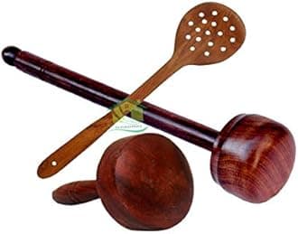 Wooden Ghotna Hand Blender Mixer (Dal/Saag/Lassi) & Kitchen Spoon Utensil/Wooden Hand Press Masher for Kitchen Use (Set of 3) (Option-B)