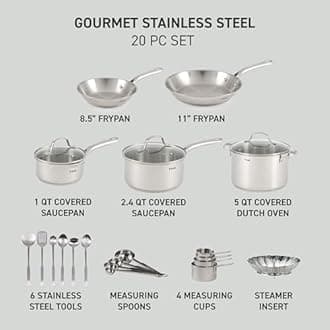 T-fal Gourmet Stainless Steel Cookware Set: 20-Piece Kitchen Essentials, Induction Compatible, Dishwasher Safe, Oven Safe to 500F, Durable Pots and Pans with Steamer for Versatile Cooking