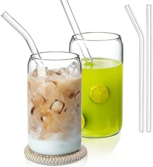KELVEE Beer Glasses Can Shaped Glass Cups, Drinking Glasses with Glass Straw Set of 2, 540ml Tumbler for Cold Coffee, Smoothies, Juice, Soda, Any Drink and Any Occasion (Beer Can - 2)