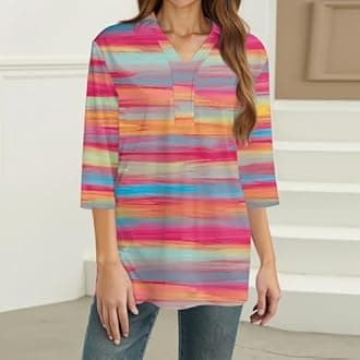 LAYHTKTL Women's 3/4 Sleeve V-Neck Collared Tops Summer Business Casual Work Polo Shirts 2025 Trendy Loose Fit Basic Tees