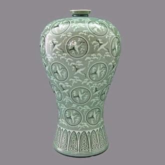 Korean Celadon Glaze Inlaid Clouds and Cranes Pattern Inlay Ceramic Pottery 16 inch Home Decor Vase