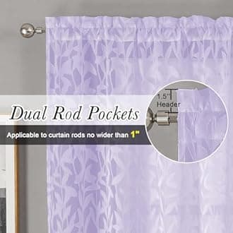 Lecloud Leia Light Purple Sheer Curtains 54 Inch Length 2 Panels, Light Reducing Jacquard Textured Leaf Voile Bedroom Drapes, Gauzy Clip Short Curtain Curtains with Dual Rod Pocket, 38x54 Inches