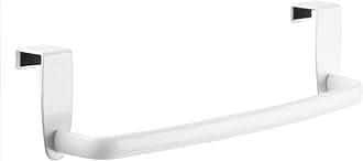 mDesign Steel Metal Wire Over Cabinet Towel Rack Storage Organizer - Hang on Cabinet or Door - Towel Bar Holder for Kitchen - Holds Hand Towels, Washcloths - Spira Collection - White