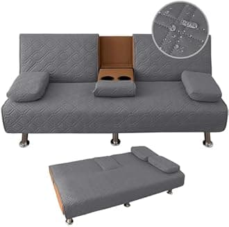 4 Pieces Waterproof Click Clack Sofa Bed Cover 3 Seater, Quilted Convertible Folding Futon Cover with 2 Removable Armrests Covers and 1 Cup Holders Cover (Grey)