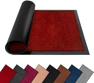 Washable Dirt Trapper Door Mats Indoor & Outdoor, Heavy Duty Non Slip Doormats, Rubber Backed Floor Mat, Super Absorbent Front Door Mat, Entrance Rug (Red-Plain, 60cm x 120cm)