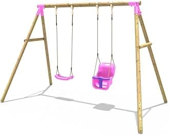 Rebo® Children's Wooden Garden Swing Set - Luna Pink | OutdoorToys | Pressure Treated Timber, Soft Feel Ropes, Baby Swing Seat, Sturdy Construction for Kids