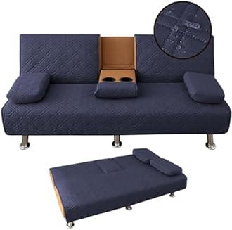 4 Pieces Click Clack Sofa Bed Cover 3 Seater, Quilted Convertible Folding Cover with 2 Removable Armrests and 1 Holders Covers (Navy Blue)