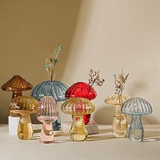 Cunno 8 Pcs Mushroom Vase Mushroom Shaped Bud Glass Vase Colored Transparent Hydroponic Plant Terrarium Propagation Stations for Home Office Desktop Decor(Small Holes)