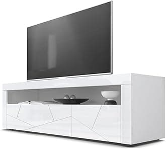 Vladon Valencia Lowboard, TV Unit with 1 Open Compartment and 2 Drop-Down Doors, White/White High Gloss Element 3D Structure/White High Gloss (155 x 46 x 40 cm)