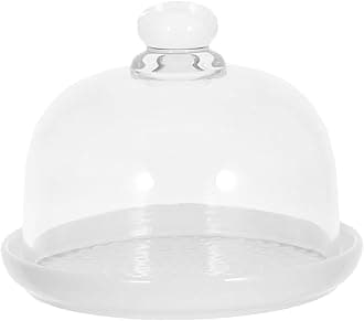 DOITOOL Ceramic Cake Stand with Glass Dome Cover White Ceramic Cake Plate Server Round Clear Glass Dome Dessert Plate for Home Kitchen Party Use, 5.9 x5.9 x 4.7 inches