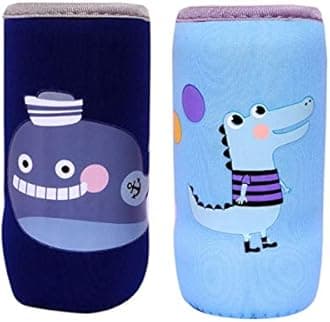 The Cheeky Kidzz Stretchable Soft Reusable Baby Feeding Bottle Cover Sleeve Animal Printed with Holding Strap Suitable for 120ml 150ml 220ml 240ml Feeding Milk/Water Feeder Bottles(Pack of 2)(Blue)