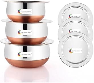 Copper Bottom 0.500ML 1000ML 1200ML Handi Set with Lid Cover Stainless Steel Cookware Set Serving Cooking Tope Bowl for Kitchen Copper Bottom Vessels for Cooking (Copper HANDI3 PIC++LID)