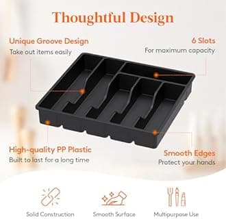 Lifewit Silverware Drawer Organizer Tray, Plastic Cutlery Storage for Kitchen, Flatware and Utensil Holder Divider for Spoons Forks Knives Tableware, 12.4 x 11.7", 6 Slots, Black