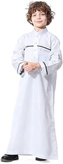 IMEKIS Kids Thobe for Muslim Boys Arab Tobes Long Sleeve Kaftan Embroidered Robe with Pockets Islamic Arabic Abaya Clothes
