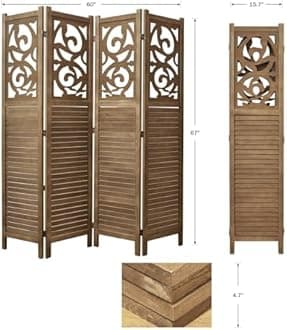 Room Divider Wood Carved Wall Divider Indoor Folding Portable Partition Screen for Home Office Garden Terrace - 4 Panel, 67 * 60inch (Dark Brown)