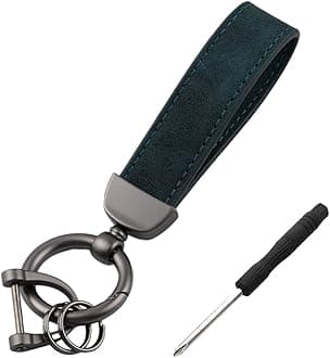 Kewucn Genuine Leather Car Keychain, Universal Heavy Duty Metal Auto Key Fob Holder with Anti Lost D-Ring for Men Women （Black-Black Green）