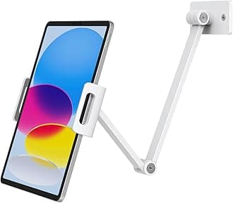 BEWISER Tablet Wall Mount Holder,Swivel 360° Rotating Flexibly, Height and Angle Adjustable, High-Grade Aluminium Alloy Long Arm Compatible with4.7-12.9" Phone and Tablet in Kitchen or Office (White)…
