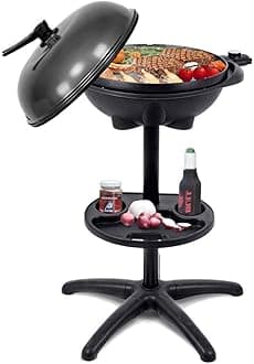 Happygrill Electric Grill Outdoor, 1350W Portable BBQ Grill w/Non-stick Griddle Plate, Temperature Control, Drip Tray, Temperature Control for Patio Camping (Black, 24.5'' Dia x 38.5'' H)