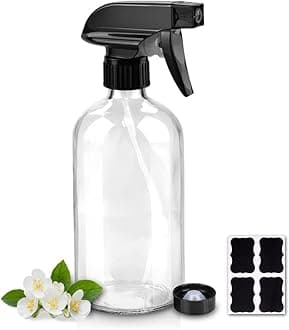 Worldgsb Glass Spray Bottles, 16oz Refillable Containers, Empty Boston Round Bottles with Labels & Adjustable Nozzle for Cleaning, Gardening, Aromatherapy, Pets, Plant, Hair -Clear (1 Pack)