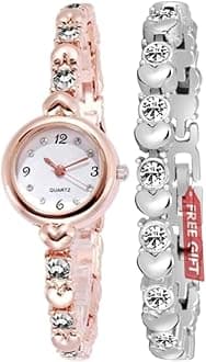 Premium Analog Rose Gold White Diamond Heart Shape Bangle with Silver Heart Bracelet Women's Watch (Pack of 2), Rosegold/D-White-2, strap
