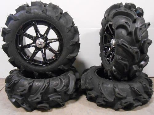 Bundle - 9 Items: MSA Black Diesel 14" ATV Wheels 27" Mega Mayhem Tires [4x110 Bolt Pattern 10mmx1.25 Lug Kit]