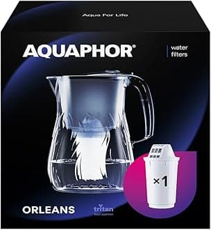 Orleans Water Filter Jug 4.2L, for reduction of limescale, Chlorine and other impurities, 1x A5 350 litre Added Magnesium Cartridge - Premium Water Filter jug in Glass effect. Black