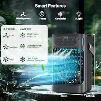 Small Portable Air Conditioner, LEAEYFE 3 Higher Speeds With 800ml Extra Large Water Tank, 120° Oscillating Mini Cooler Works Within 9 Feet, 2/8 Hour Timer,For Desk, Home, bed and Living Room