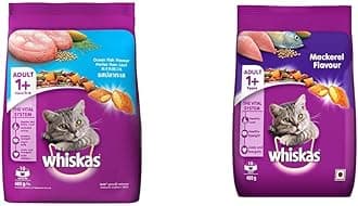 Whiskas Adult (+1 Year) Dry Cat Food, Ocean Fish Flavour, 480g Pack & Adult (+1 Year) Dry Cat Food, Mackerel Flavour, 480g Pack