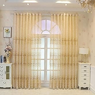 Amidoudou 1 Pair European Jacquard Sheer Curtains Embroidered Tulle Curtains Living Room Bedroom Luxury Translucent Window Screening (Gold,51x108 Inch)