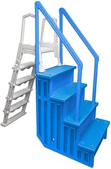 Aqua Select Anti-Slip in-Pool Steps with Outside Flip-Up Ladder | Blue | for Above Ground Swimming Pools | Can Mount to Decks 48" to 54" H | Safety Stairs Capacity Up to 350 lbs
