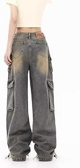 Lafaguw Women's Cargo Pants Low Waist Baggy Jeans Pocket Wide Leg Casual Trendy Streetwear Grunge Emo Clothes