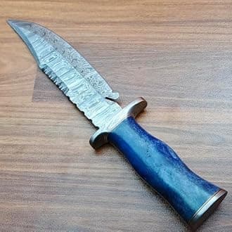 HK-327 Handmade Damascus Steel Knife for Hunting, Survival, Camping, Skinning, Bushcraft, Fixed Blade,Bone Handle, with Leather Sheath.