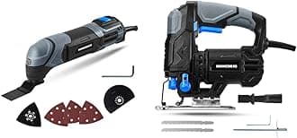 2.2-Amp Oscillating Multi-Tool with 1pc Flush Cut Blade, 1pc Semicircle Saw Blade & 4.8-Amp 3/4 Inch Jig Saw with 2pcs Wood Cutting Blades, Variable Speed and Orbital Function - HAJS048