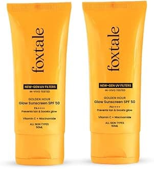 FoxTale - (Pack Of 2) Essentials Daily Glow Sunscreen Spf 50 Sunscreen Vitamin C & Niacinamide, Uva & Uvb Filters-Clinically Proven Brightening Ingredients, No White Cast, Non-Greasy Formula, 50 Ml