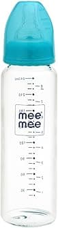 Mee Mee Premium Glass Feeding Bottle with Eazy-Flow Technology, Anti-Colic Valve,Anti Slip,BPA-Free Baby Feeding Bottle for Babies & Toddlers(Blue, 240Ml)
