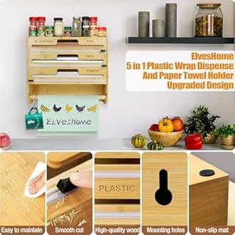 Foil and Plastic Wrap Organizer, Paper Towel Holder Wall Mount, 5 in 1 Plastic Wrap Food Dispenser with Cutter for 12" Wax Paper Parchment Roll Aluminum Foil Dispenser for Kitchen Organization Storage