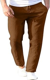 Men's Casual Cotton Linen Pants Straight Fit Drawstring Pant with Side Pockets Elastic Waistband Painting Pants Loose Beach Yoga Trousers